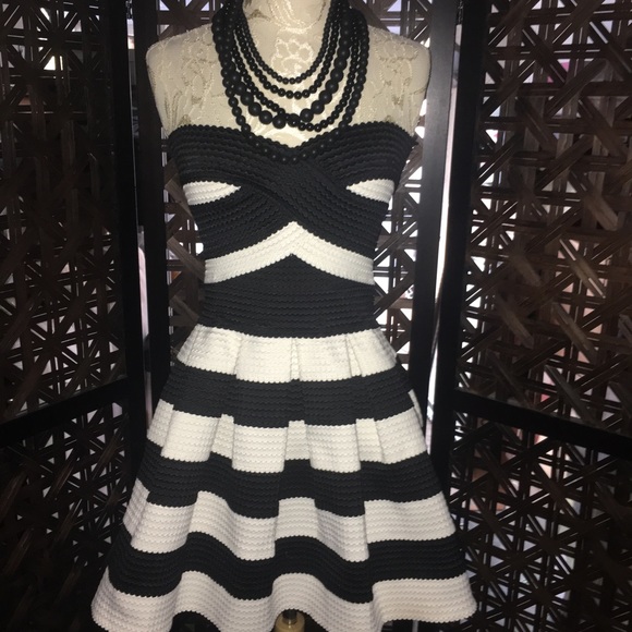 black and white striped strapless dress